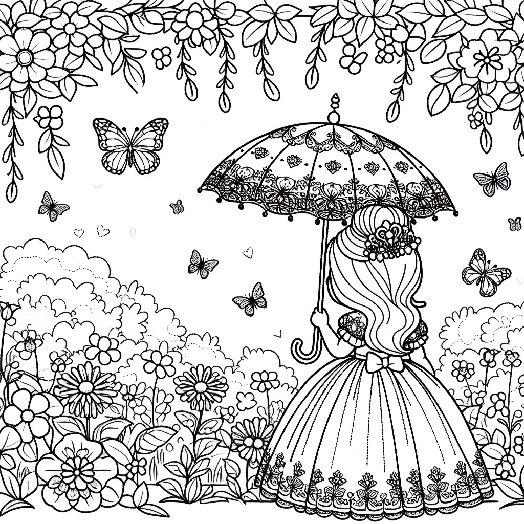 Image d'une princesse tenant un parapluie dans un jardin enchanté rempli de fleurs et de papillons.