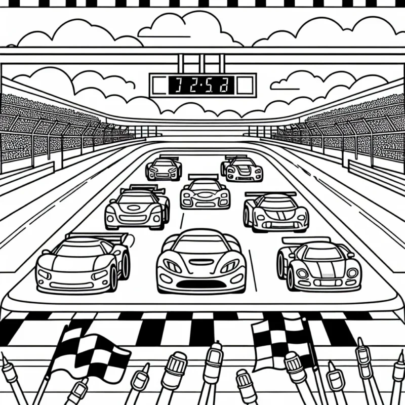 Un circuit de voitures de course animé et passionnant, avec différentes marques de voitures alignées sur la ligne de départ.