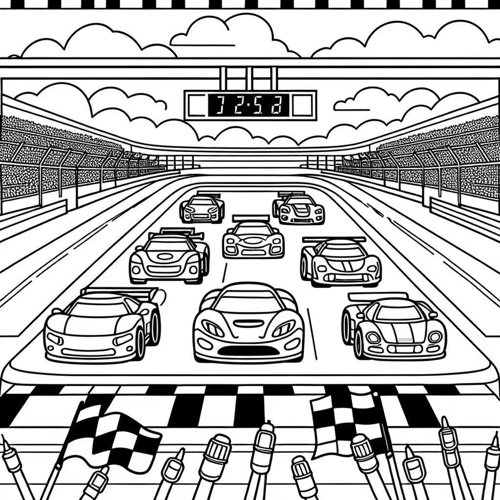 Un circuit de voitures de course animé et passionnant, avec différentes marques de voitures alignées sur la ligne de départ.