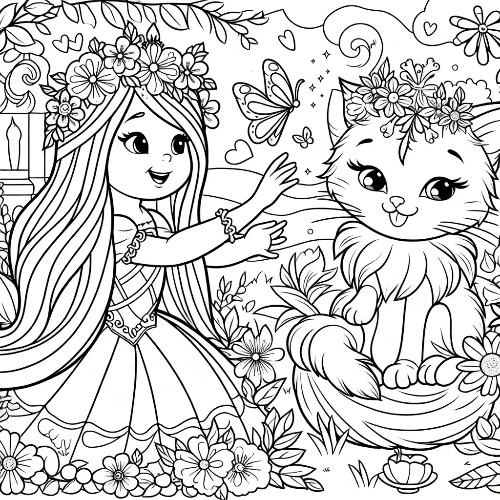 Imaginez une princesse jouant avec son chaton magique dans un jardin enchanteur rempli de fleurs de toutes sortes.