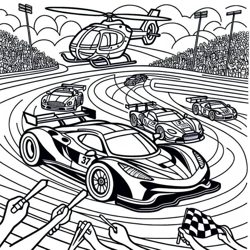 Dans ce dessin, une voiture de course super rapide est sur le point de franchir la ligne d'arrivée sur un circuit tourbillonnant. D'autres voitures sont juste derrière, prêtes à dépasser. Il y a aussi de la foule en fond qui encourage avec des drapeaux. Un hélicoptère survole également la scène en retransmettant en direct.