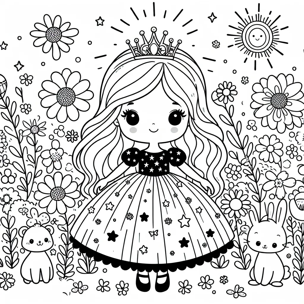 Dessine une petite princesse au milieu d'un jardin de fleurs aux mille couleurs, avec de petits animaux autour d'elle. Elle porte une belle robe avec des motifs étoiles et son diadème brille sous le soleil éclatant.