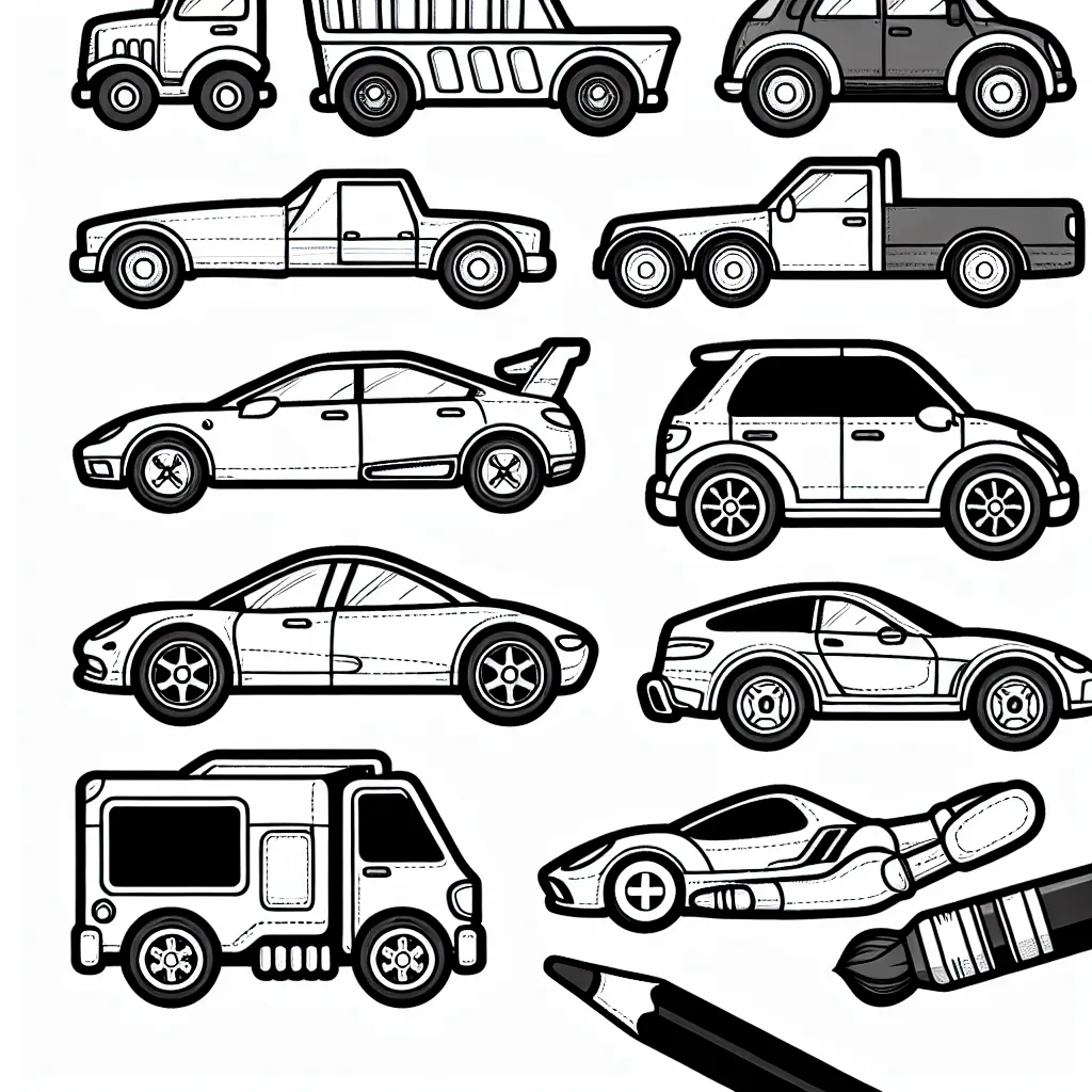 Un voyage visuel à travers les différentes marques de voitures, représentées chacune par un modèle de voiture unique à colorier.