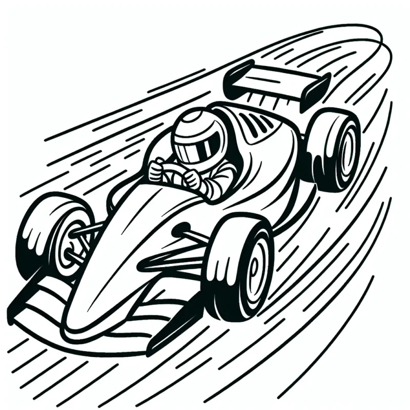 Dessine une voiture de course effrénée filant à toute vitesse sur une piste audacieuse, avec un pilote casqué à l'intérieur, lancé dans une course palpitante pour la première place.