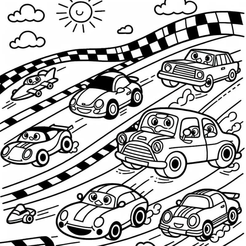 Dessine des voitures de différentes marques sur un circuit de course.