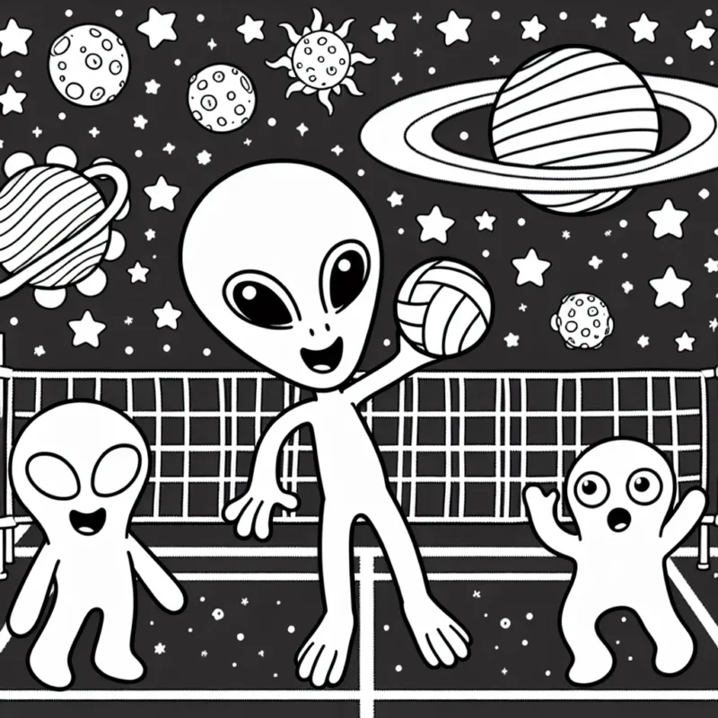 Dans l'espace, un extraterrestre sympathique joue au volley-ball avec ses amis, les astres !