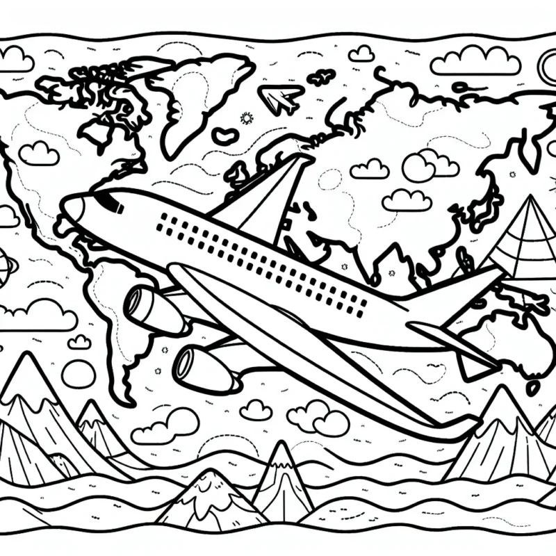 Un avion de ligne survolant le monde, traversant différents paysages - montagnes, océans, villes et forêts.