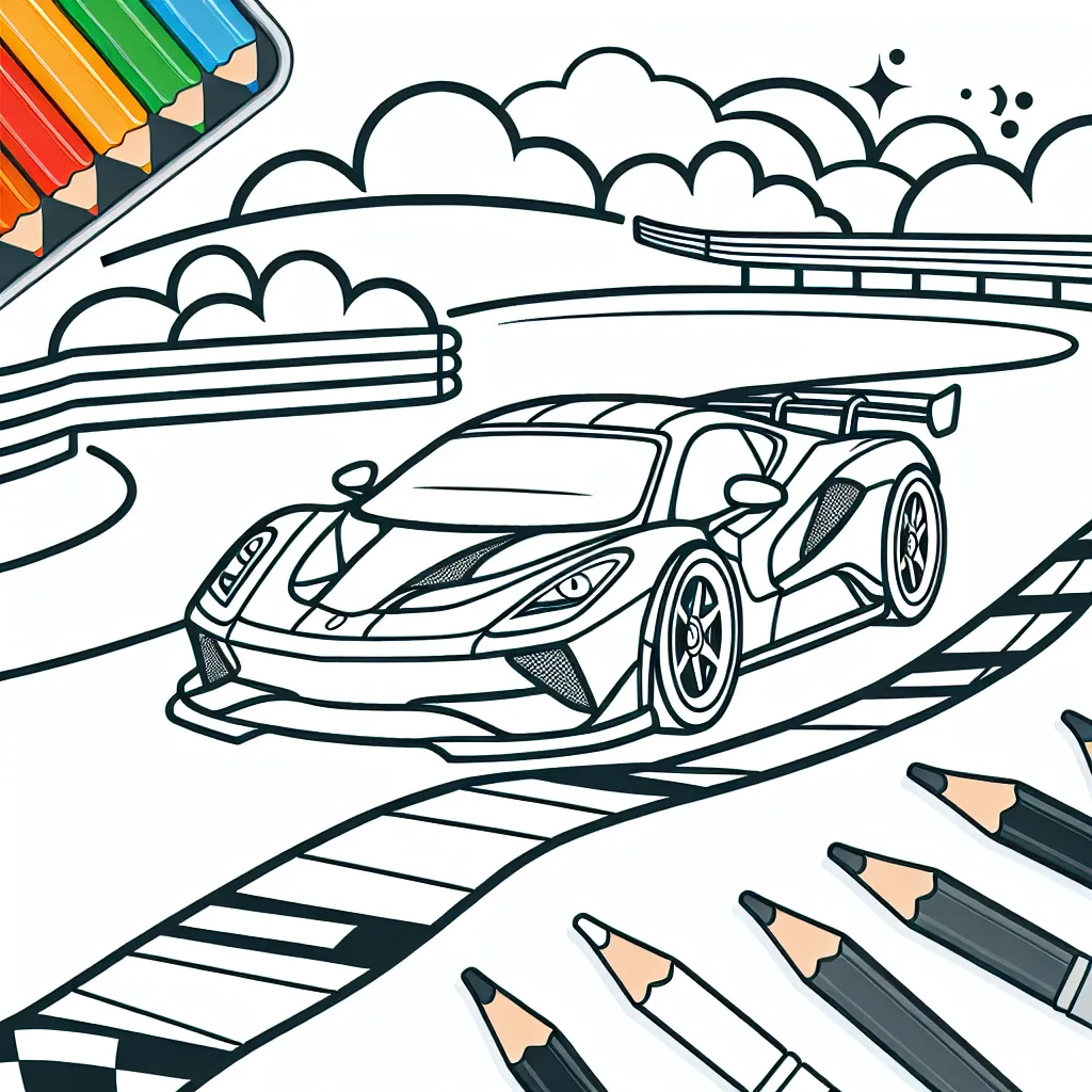 Dessine une course passionnante de voitures de sport sur un circuit de course plein d'action!