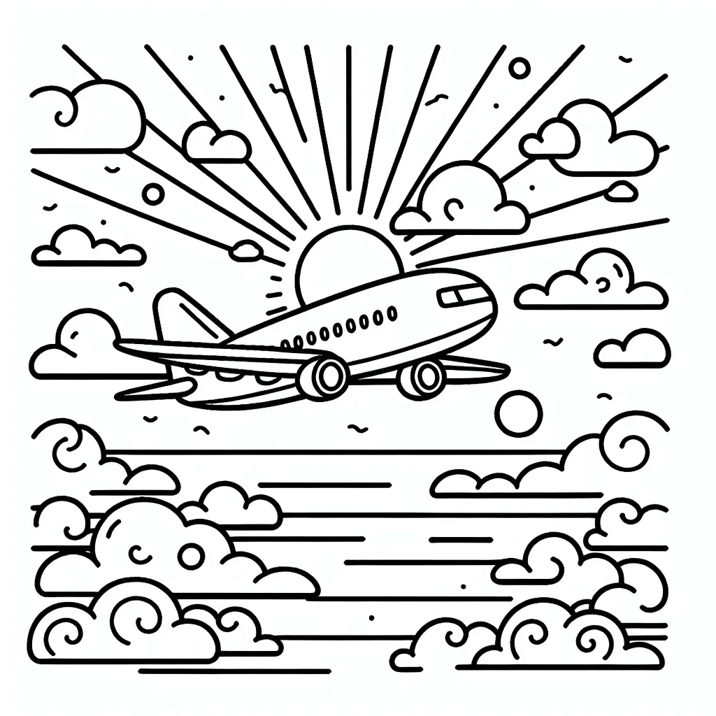 Dessine un avion de ligne volant haut dans le ciel, entouré de nuages flottants avec le soleil couchant en arrière-plan.