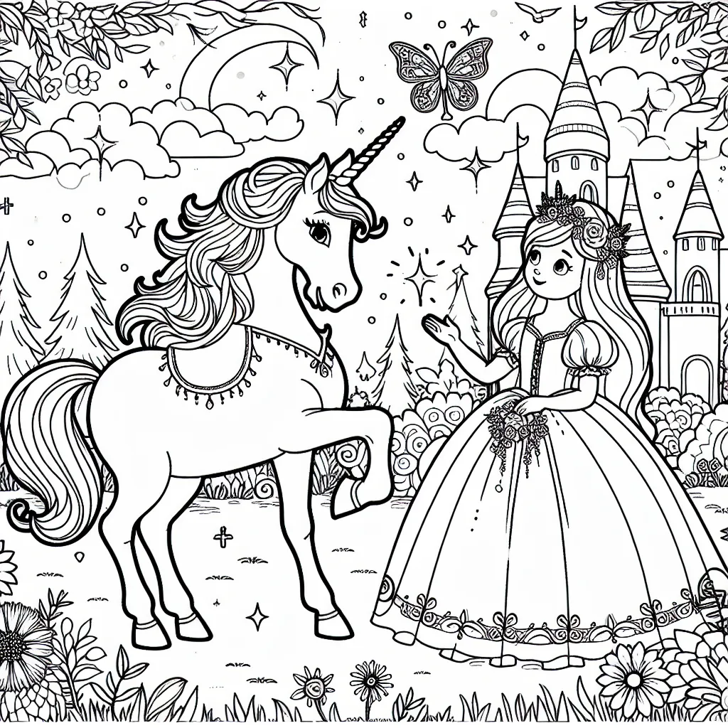 Dans ton jardin féerique, une belle princesse commune avec une licorne majestueuse. Montre-nous comment tu imagines cette scène magique !