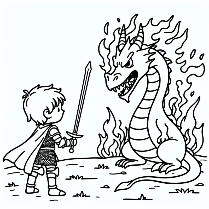 Un chevalier courageux face à un dragon cracheur de feu sur un champs de bataille