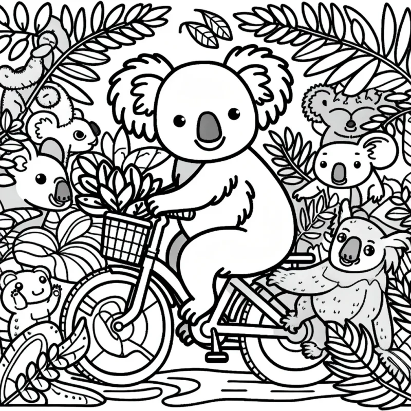 Un koala sur un vélo, qui traverse une jungle remplie d'animaux et de plantes exotiques