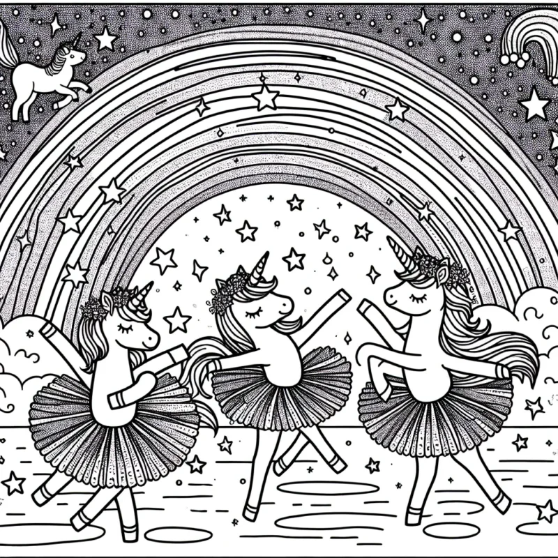 Imagine un monde féerique peuplé de licornes tutu danseuses étoiles. Les licornes portent des tutus aux couleurs de l'arc-en-ciel, et elles dansent, gracieuses, sous un déluge de petites étoiles scintillantes. Pas très loin, un arc-en-ciel déploie ses couleurs flamboyantes dans le ciel. À toi de donner vie à cette scène magique !