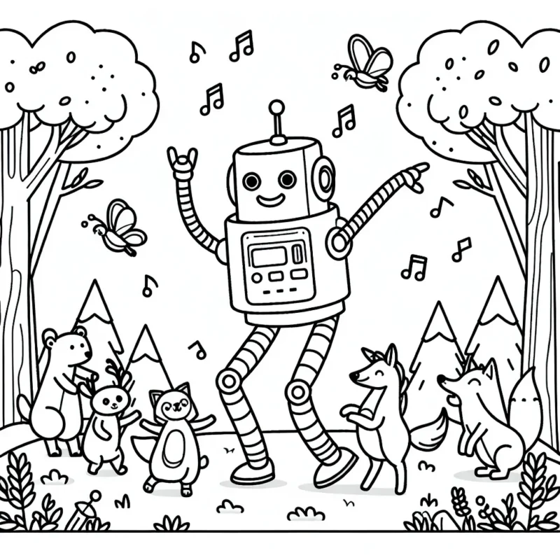 Dans un monde fantastique, dessine un robot qui danse avec des animaux à une fête dans la forêt.