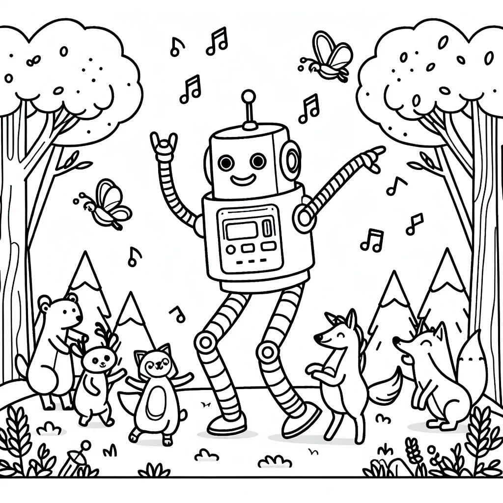 Dans un monde fantastique, dessine un robot qui danse avec des animaux à une fête dans la forêt.