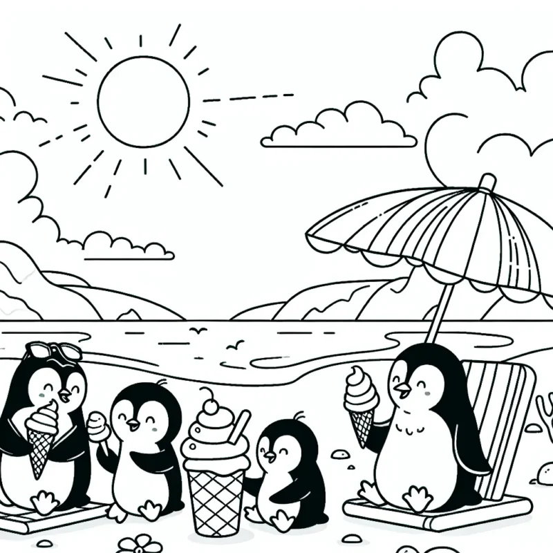 Aimerais-tu colorier une famille de pingouins qui dégustent des glaces sur la plage ensoleillée de la mer Antarctique ?