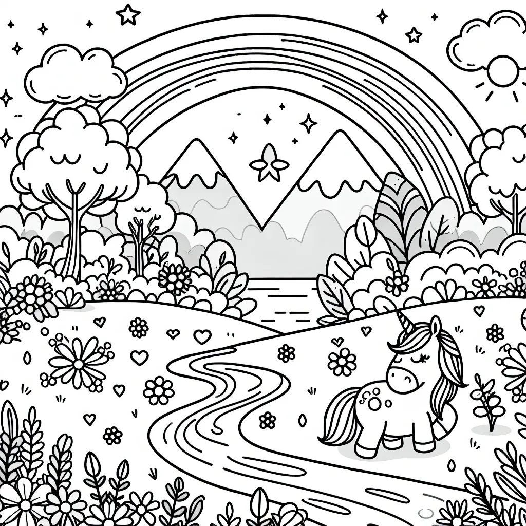 Crée un paysage féerique avec une petite licorne rampant au bord d'une petite rivière, entourée de fleurs colorées et d'un bel arc-en-ciel dans le ciel.