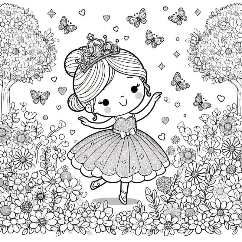 Imagine une petite princesse qui danse gracieuse dans un jardin plein de fleurs colorées. Elle porte une belle robe pailletée et un diadème étincelant sur sa tête. De petits papillons virevoltent autour d'elle en laissant une traînée de paillettes derrière eux. Le jardin est plein d'arbres et de buissons éblouissants avec des fleurs de toutes les couleurs de l'arc-en-ciel.