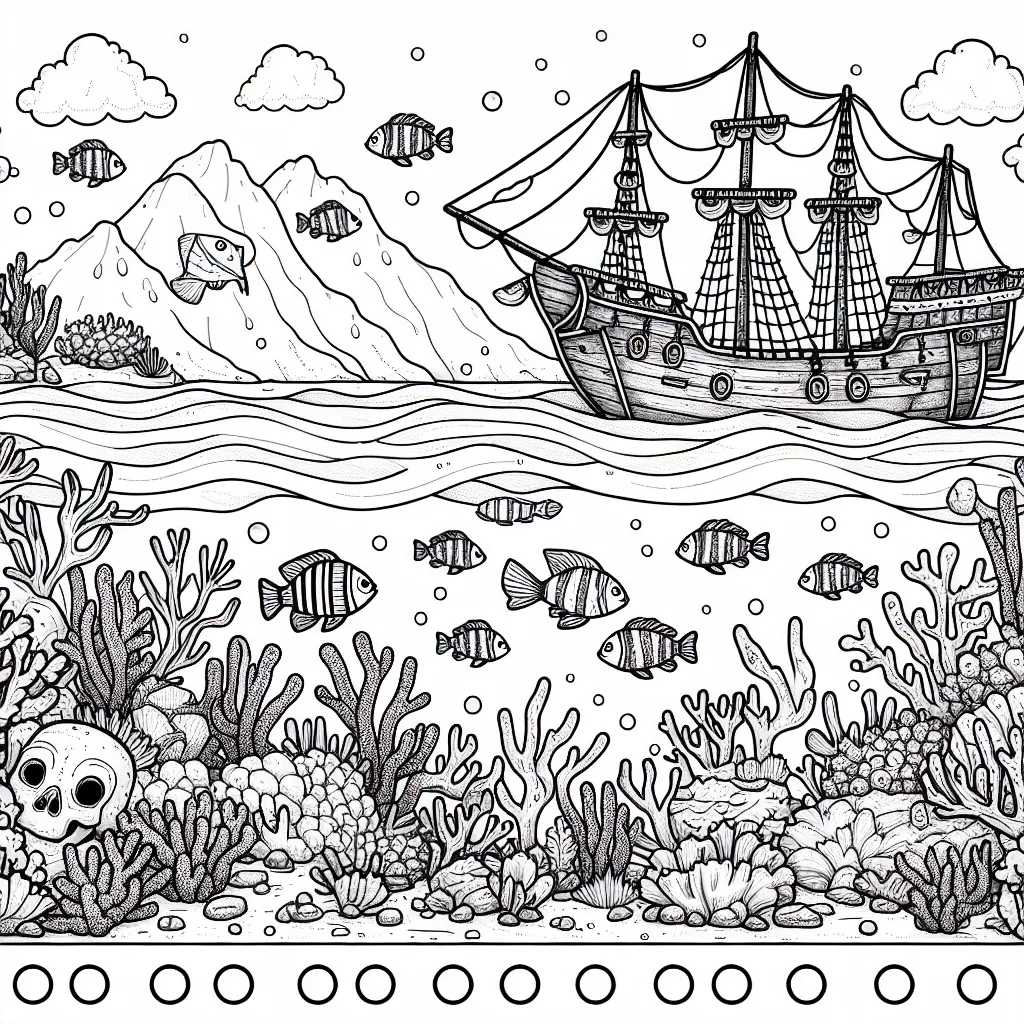 Imagine un paysage sous-marin plein de vie avec une variété de poissons, de coraux et une mystérieuse épave de navire pirate.