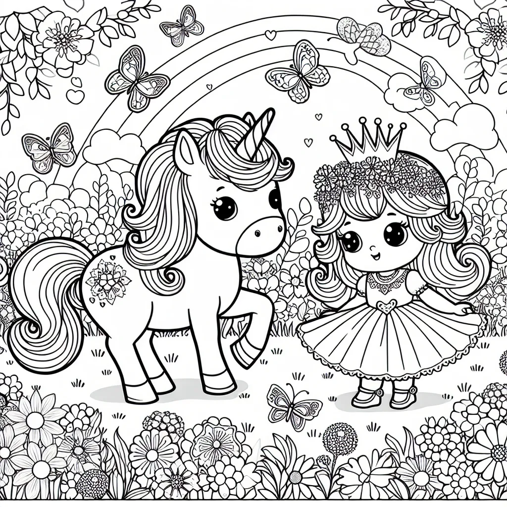 une petite princesse joue avec un poney magique dans un jardin féérique rempli de fleurs et de papillons multicolores