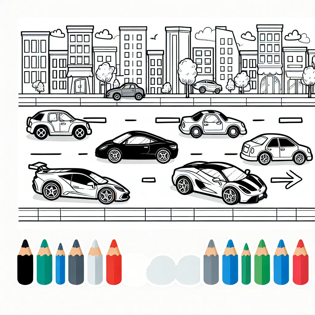 Créez une scène de rue animée avec des voitures de différentes marques telles que Lamborghini, Ferrari, BMW et Mercedes.