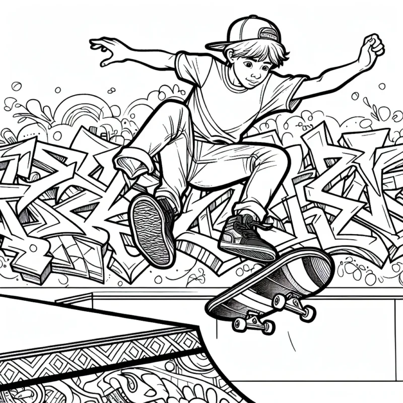 Montre un jeune skateur en plein saut au-dessus d'une rampe dans un skate park urbain, avec des graffitis dynamiques en arrière-plan