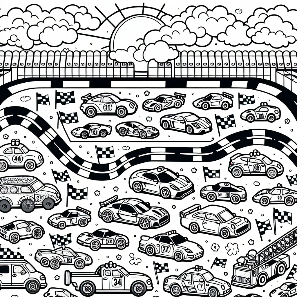 Un grand circuit de course rempli de voitures de toutes les couleurs, de la plus petite voiture classique à la plus grande voiture de sport. Il y a également des voitures de course, des voitures de rallye, et même des voitures de police et de pompier. Dans le ciel, un grand soleil brille et dessine l'ombre des voitures sur la piste. Autour du circuit, il y a des tribunes pleines de supporters qui agitent des drapeaux. Mais attention, certains drapeaux sont en noir et blanc, à toi de choisir leurs couleurs !