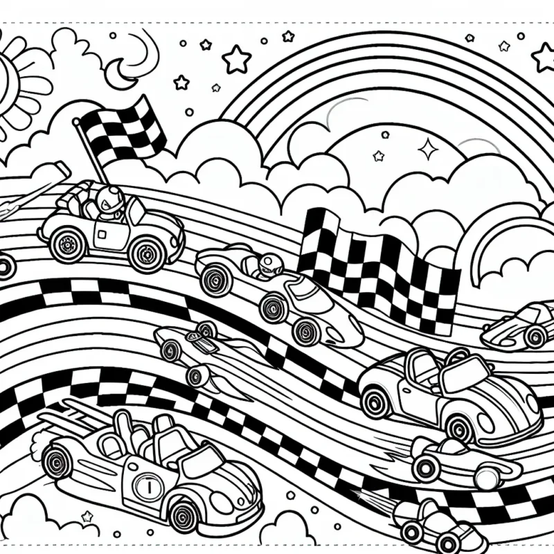 Dessine une course folle de voitures colorées sur le circuit arc-en-ciel