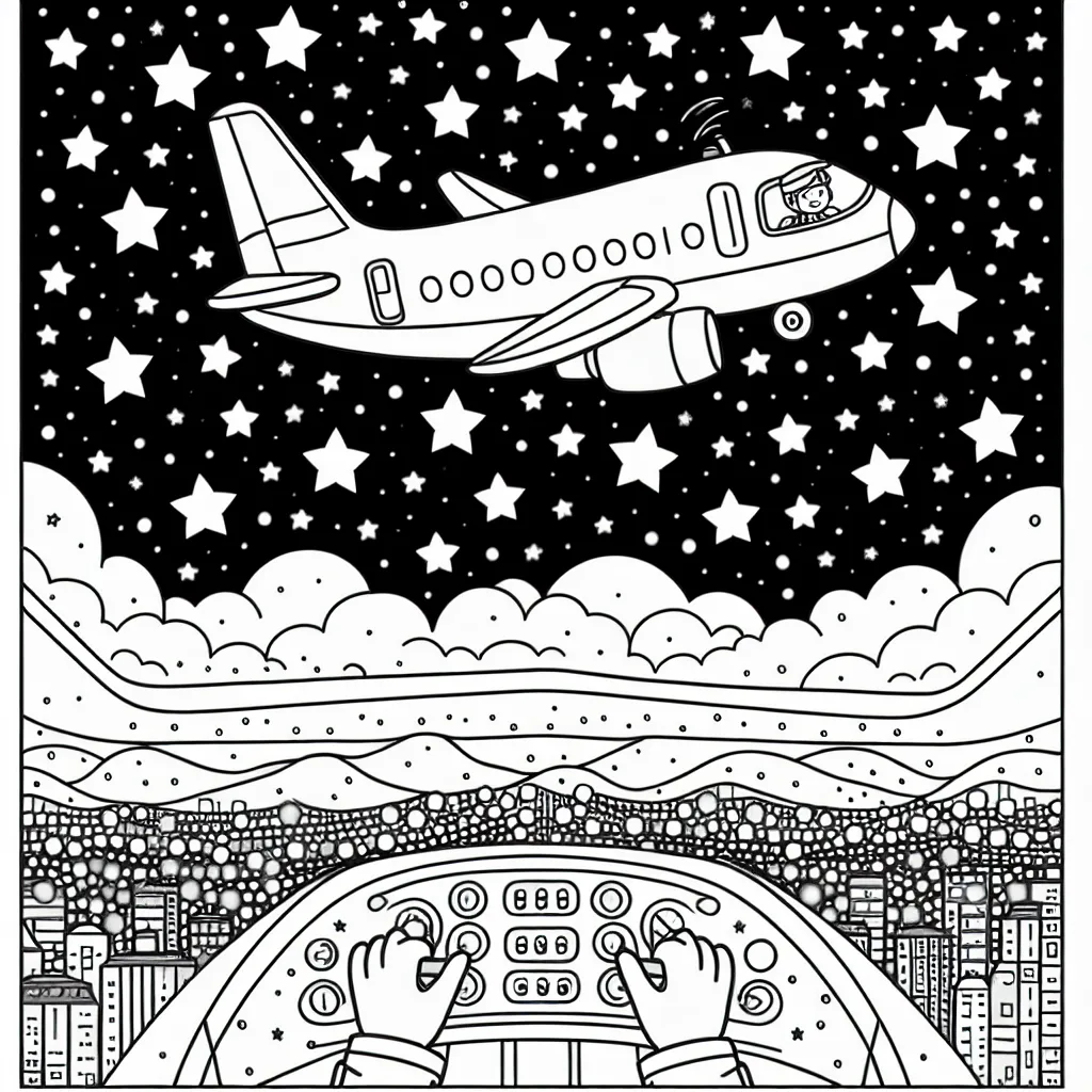 Dessine un avion volant à travers le ciel étoilé, reflétant les lumières de la ville en dessous. N'oubliez pas le pilote dans le cockpit!