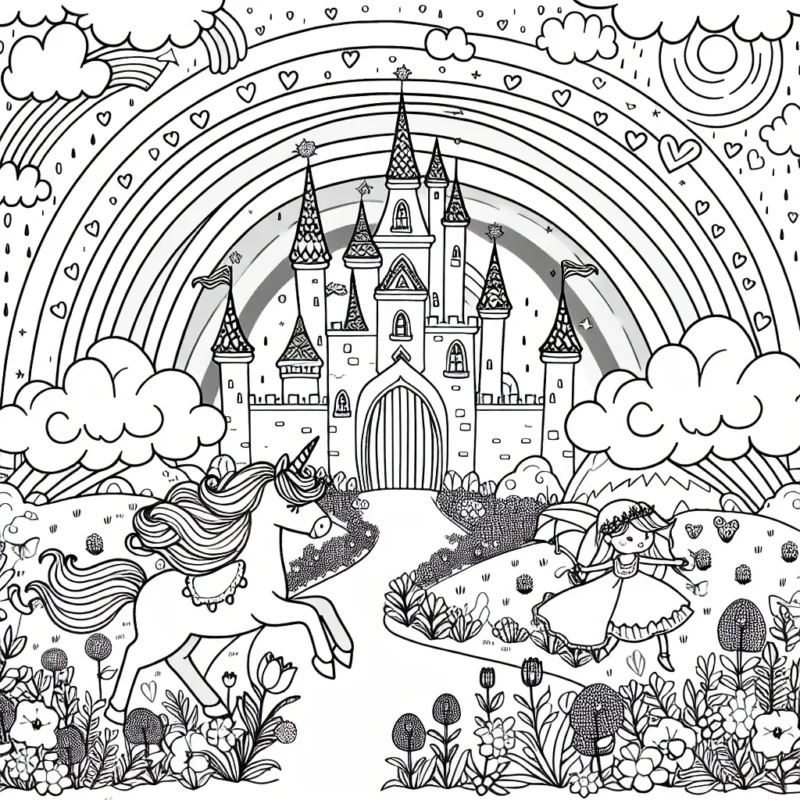 Un paysage magique d'un monde féerique avec une licorne et une petite fille qui partent en aventure à travers arc-en-ciel et château de nuages.