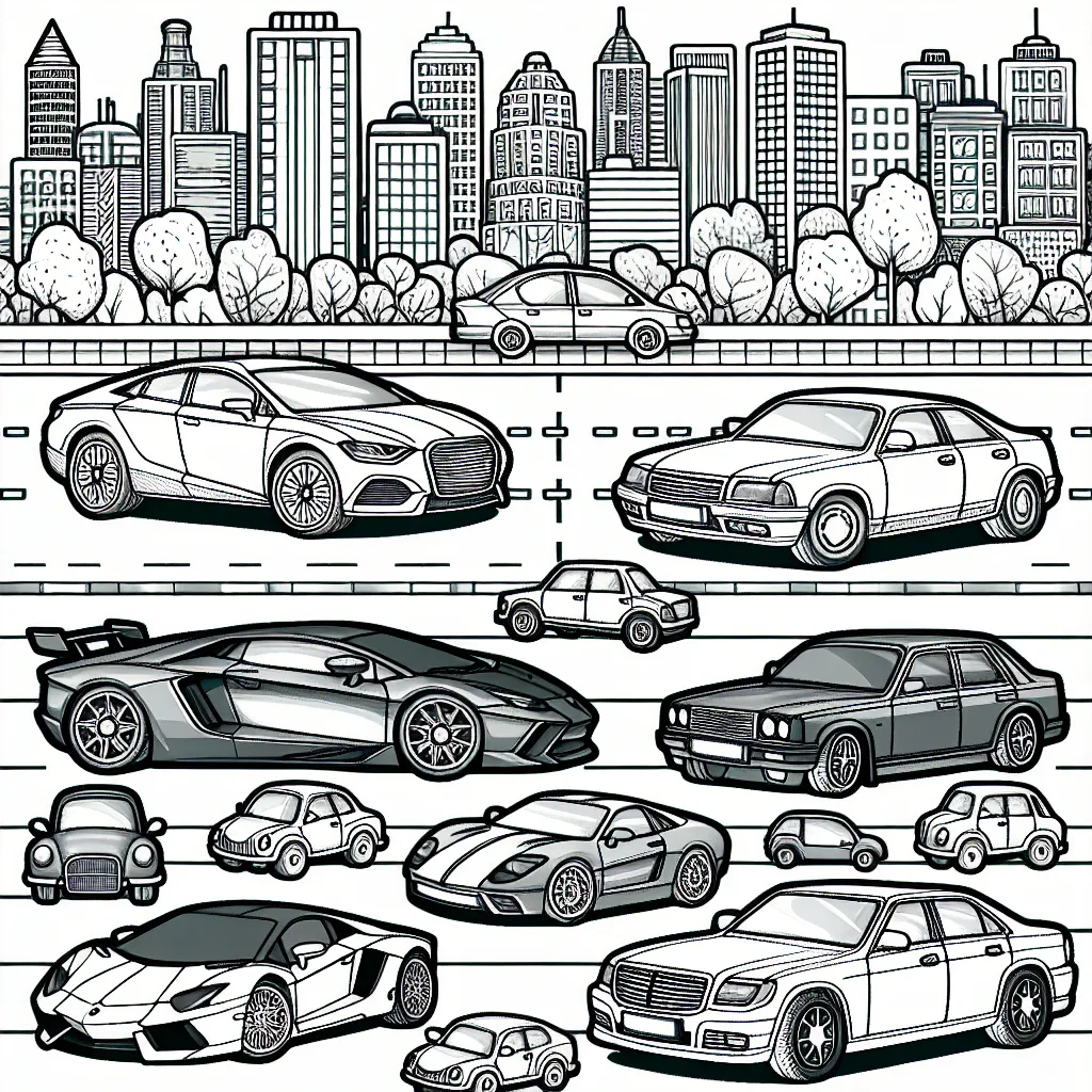 Des voitures de différentes marques prennent place sur un paysage urbain animé. On peut voir une variété de modèles populaires comme Ferrari, Porsche, Renault, Peugeot, Toyota, Kia, Mercedes, BMW et Audi.