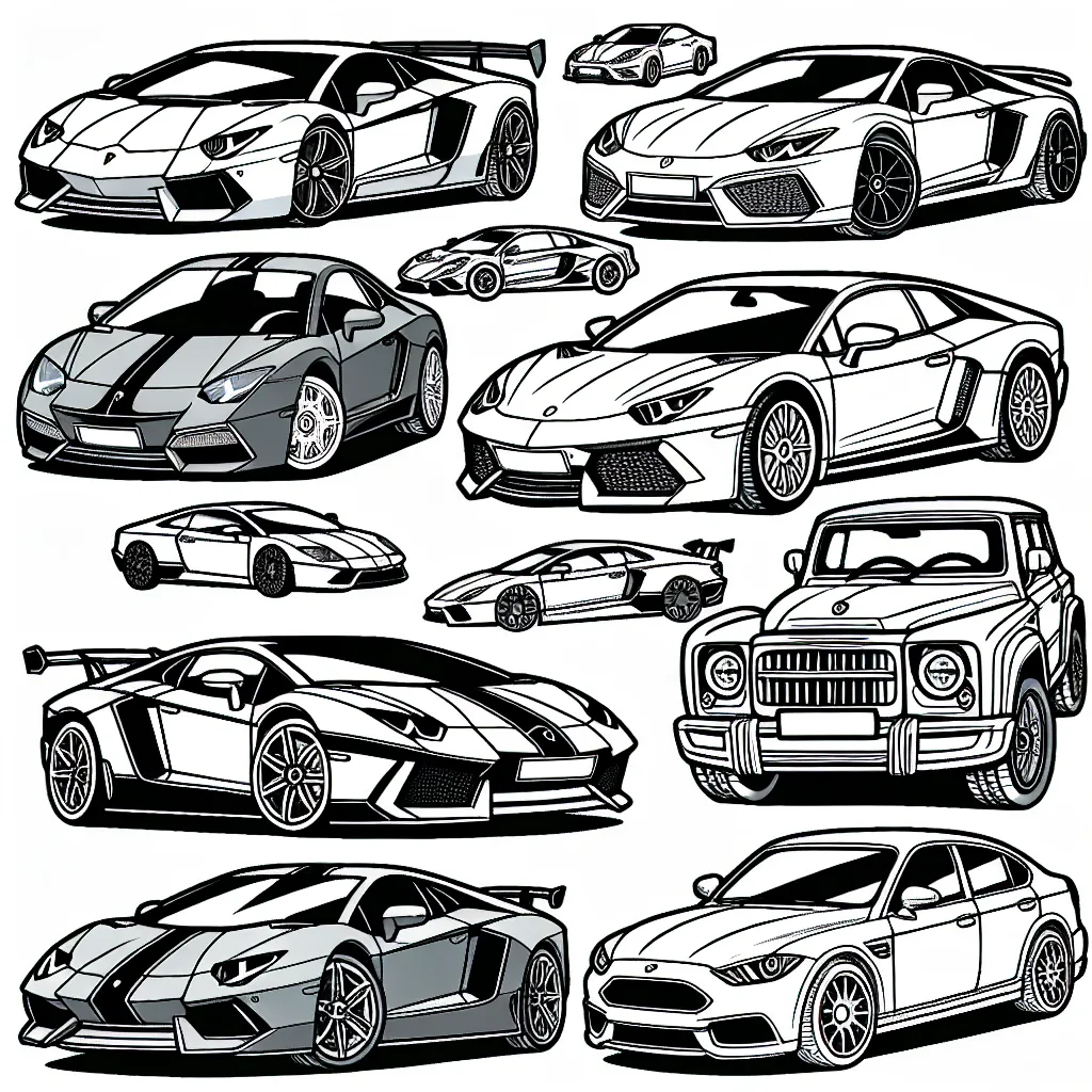 Un assortiment de voitures célèbres par marque à colorier. Les marques incluent Lamborghini, BMW, Audi, Ford, Nissan et bien d'autres.