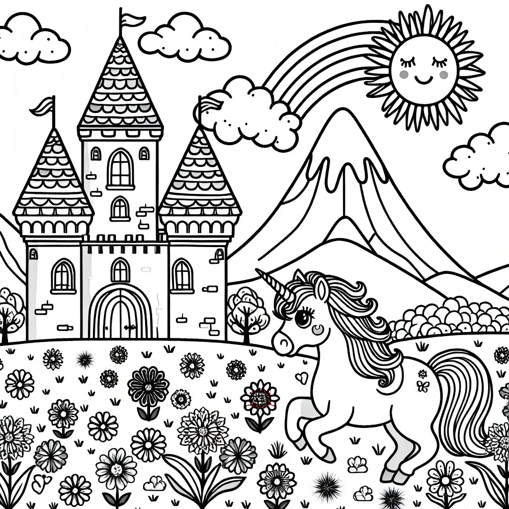 Un joli château de princesse entouré d'un grand jardin fleuri, avec une belle licorne multicolore qui se promène dans le jardin. Au loin, il y a une grande montagne avec un arc-en-ciel au-dessus, et dans le ciel, il y a un doux soleil qui sourit.