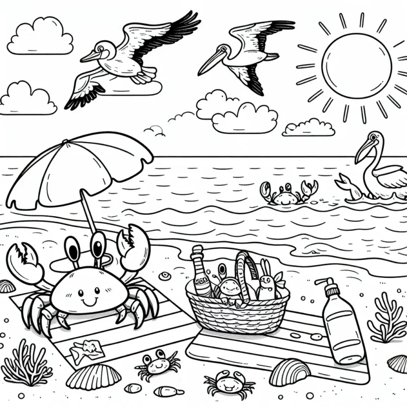 Sur le thème des vacances, dessine une scène sur la plage : une famille de crabes organise un pique-nique sous le soleil éclatant, des pélicans passent dans le ciel, et une mystérieuse bouteille à la mer apparait sur le rivage.