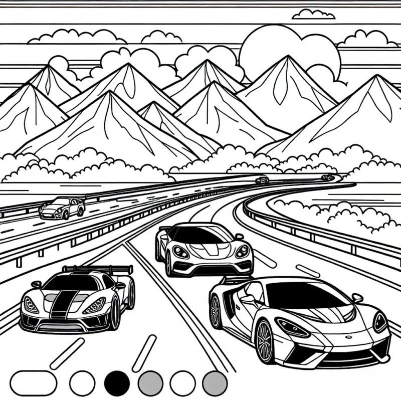 Trace les contours de trois voitures de sport roulant sur une autoroute avec des montagnes en arrière-plan