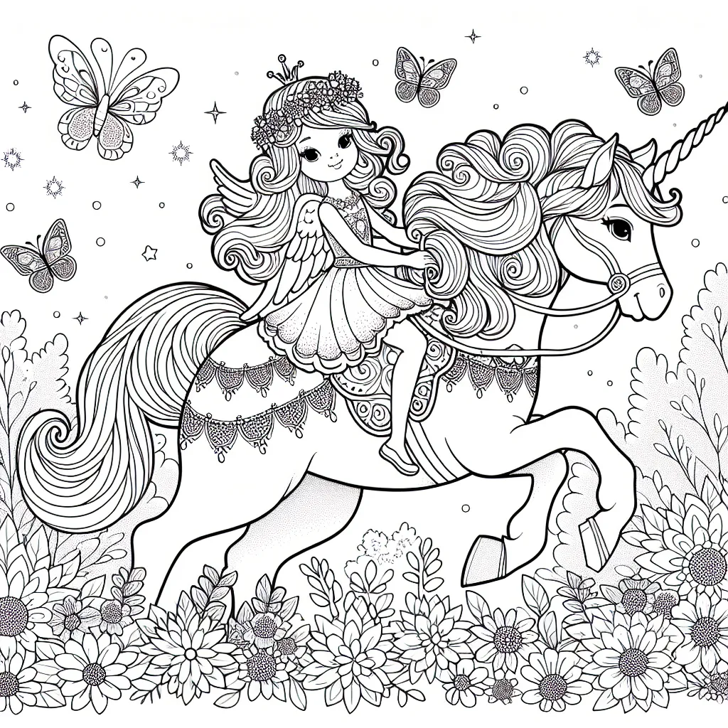 Imagine et colorie une jolie princesse qui chevauche son fidèle licorne à travers un paysage fleuri et féerique.