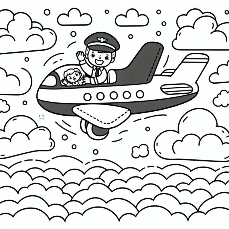 Dessine un avion volant au-dessus des nuages, avec un pilote saluant par le cockpit et des passagers qui regardent par les fenêtres. N'oublie pas de colorier le ciel, les nuages, l'avion, le pilote et les passagers !