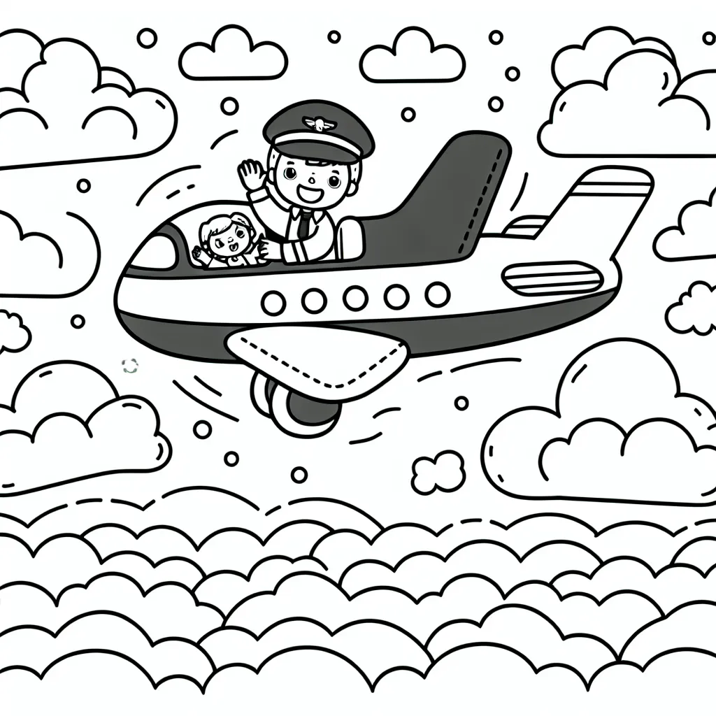 Dessine un avion volant au-dessus des nuages, avec un pilote saluant par le cockpit et des passagers qui regardent par les fenêtres. N'oublie pas de colorier le ciel, les nuages, l'avion, le pilote et les passagers !