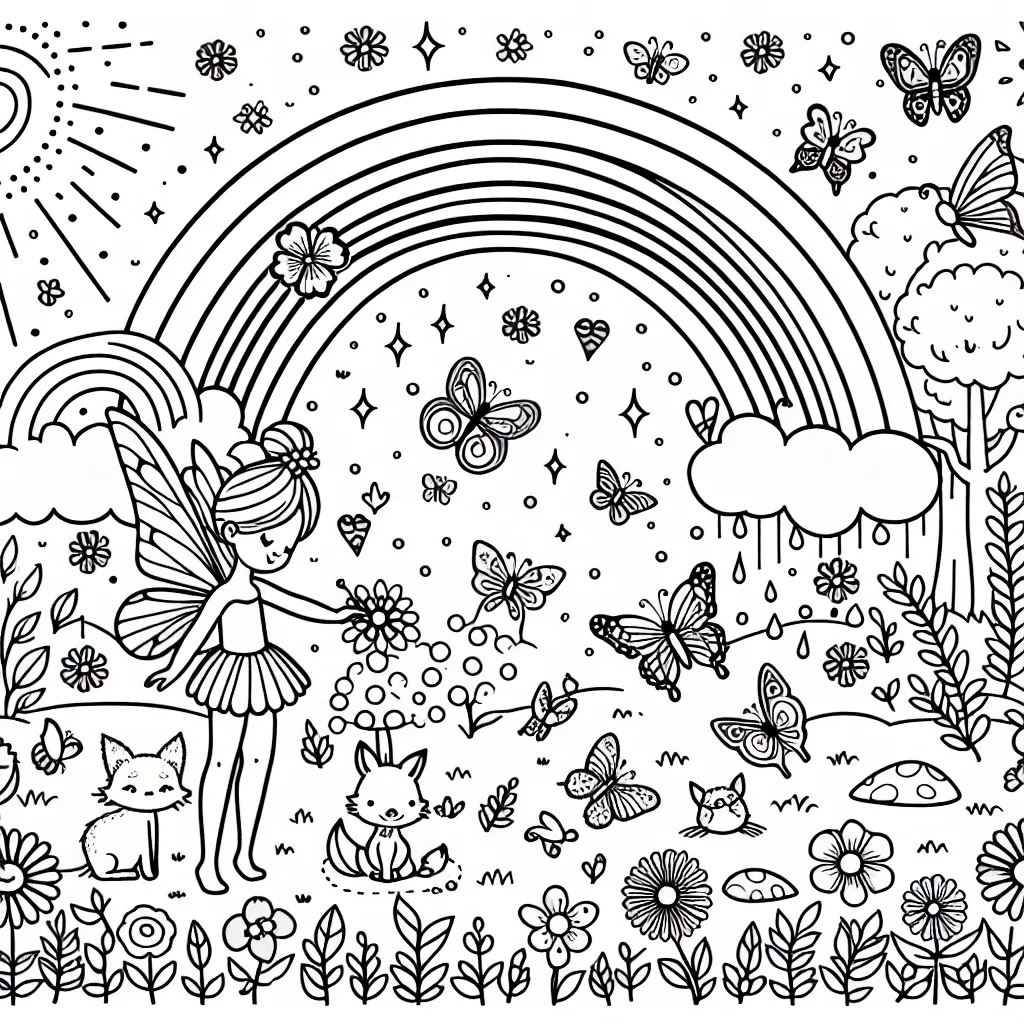 Dessine une fée dans un jardin enchanté, entouré de papillons et de petits animaux de la forêt, avec des arcs-en-ciel et des fleurs aux mille couleurs