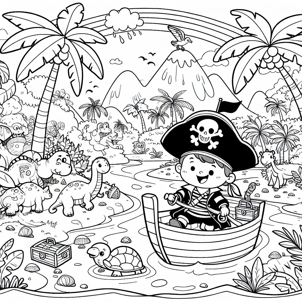 Le petit pirate, de son navire, cherche un trésor caché sur une île mystérieuse peuplée d'animaux exotiques et de végétation tropicale. Comment imagines-tu ce voyage passionnant ? Colorie ce dessin et raconte l'histoire !