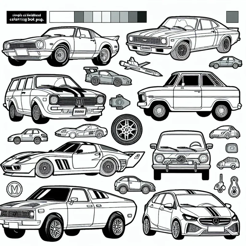 Dessine une série de voitures par marque, en incluant les modèles emblématiques de chaque entreprise. Assure-toi de bien mettre en valeur les logos et caractéristiques distinctives de chaque voiture.