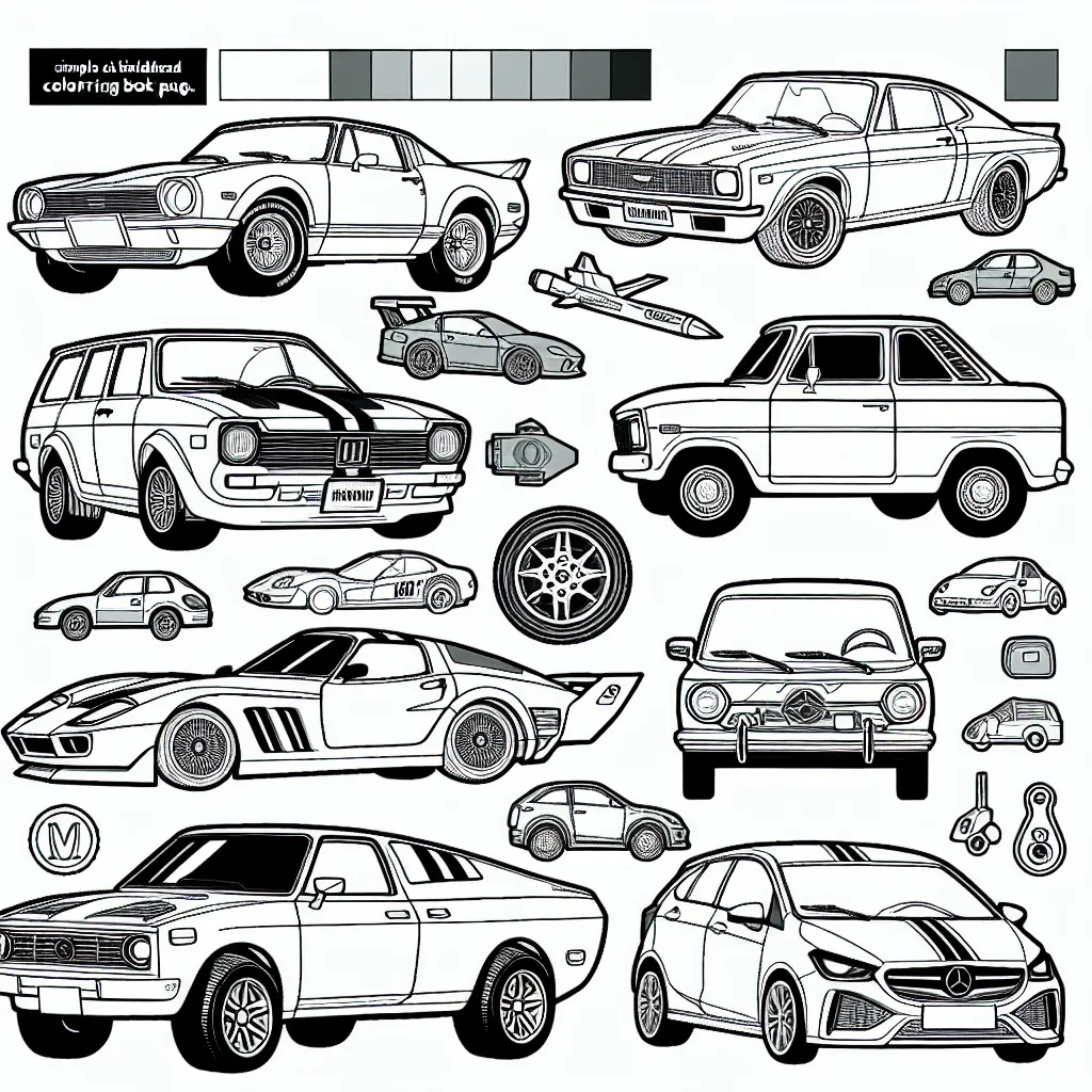 Dessine une série de voitures par marque, en incluant les modèles emblématiques de chaque entreprise. Assure-toi de bien mettre en valeur les logos et caractéristiques distinctives de chaque voiture.