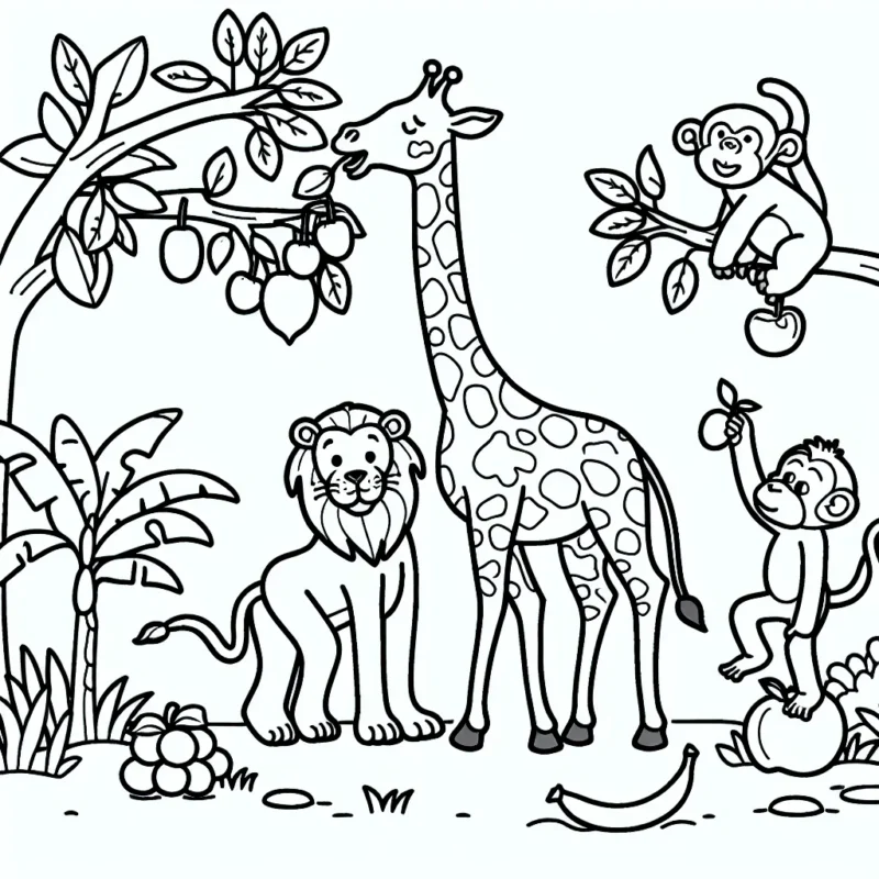 Contemple les animaux de la jungle prendre un bon petit-déjeuner savoureux. De la girafe qui tend son long cou pour atteindre les feuilles les plus hautes, jusqu'au singe agile qui saute de branche en branche à la recherche de fruits mûrs, en passant par le lion que tu peux imaginer féroce ou tout doux, c'est à toi de jouer avec les couleurs!