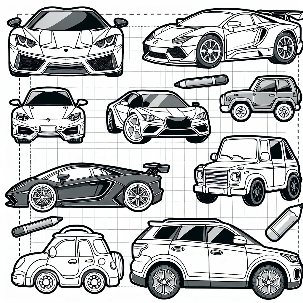 Dessine et colorie des voitures de différentes marques comme Ferrari, Porsche, Lamborghini, Renault & Toyota