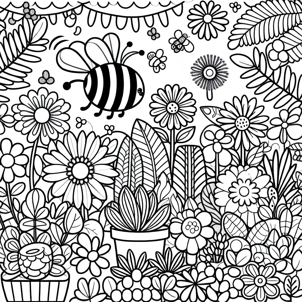 Dans ce dessin à colorier, fais vivre une abeille curieuse qui explore un jardin fantastique rempli de plantes fleuries aux formes et aux textures différentes. Sauras-tu donner des couleurs étonnantes à ces plantes et rendre cette scène vivante et dynamique ? Amuse-toi à imaginer les couleurs que pourrait avoir ce jardin fantastique !