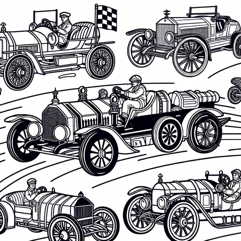 Colorie cette course endiablée entre des voitures de différentes époques avec des couleurs vives et audacieuses!