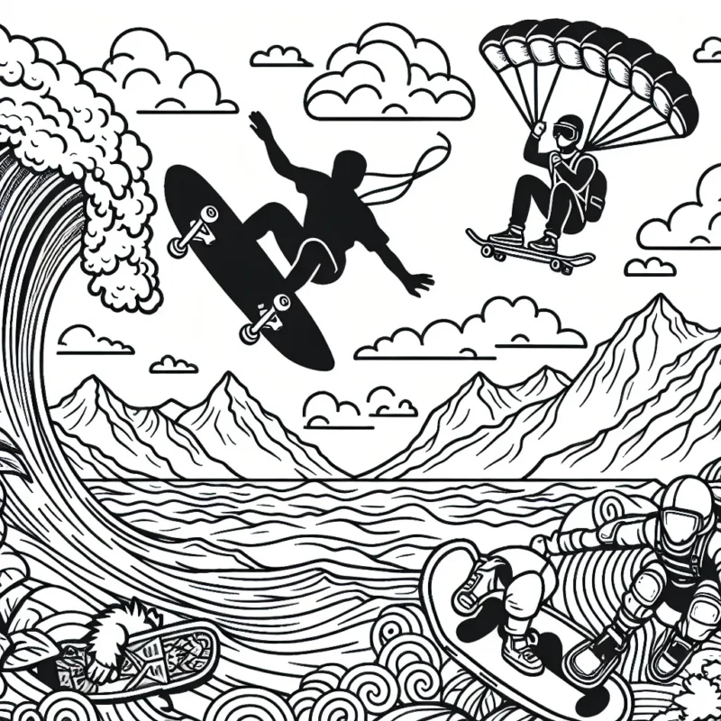 Dessine un surfeur équilibrant sur une vague géante, un skateur effectuant un trick dans un skatepark, un parachutiste tombant du ciel, et un alpiniste escaladant une crête montagneuse.