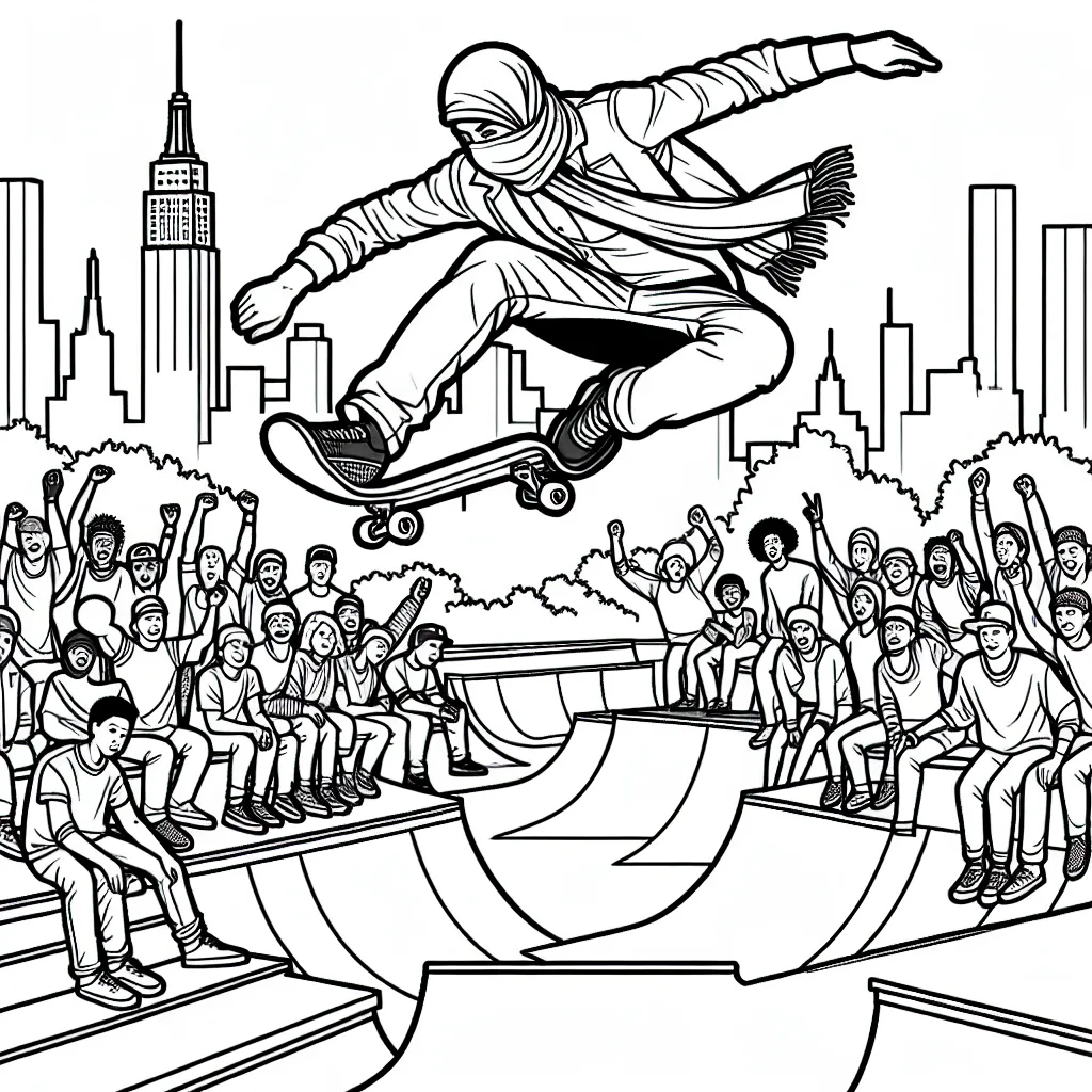 Dessine un skateur professionnel réalisant un saut périlleux dans un skatepark urbain sous les applaudissements d'une foule impressionnée et ajoute des couleurs éclatantes pour rendre la scène vivante.