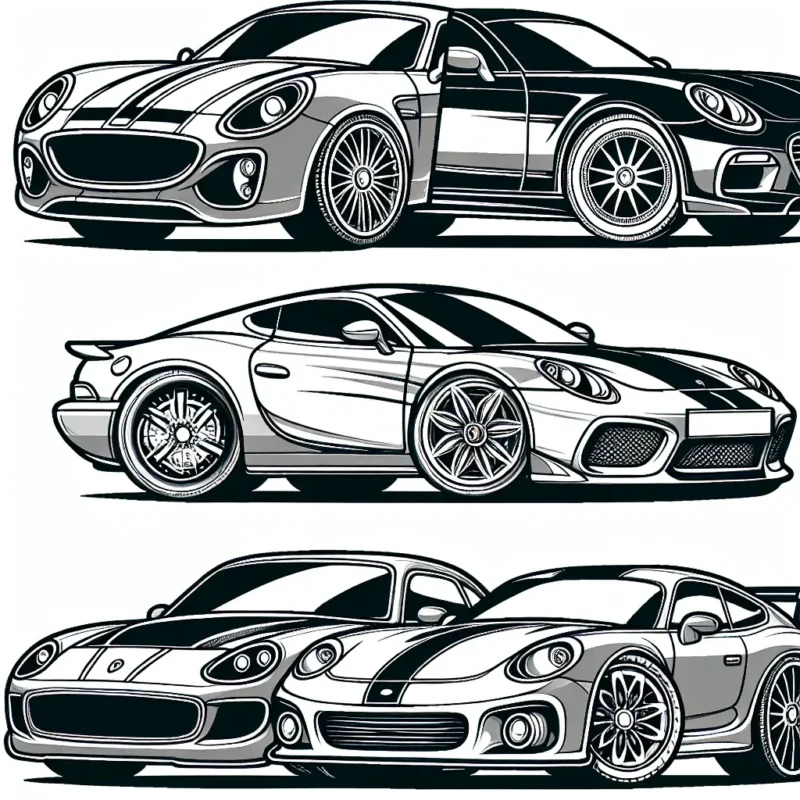 Dessine les voitures célèbres de différentes marques et leurs attributs distinctifs. La Ferrari rouge flamboyante, la Bugatti Veyron bleue, la Porche 911 jaune et la Mercedes Benz noire. N'oublie pas de colorier les détails comme les logos de la marque, les pneus et les phares.