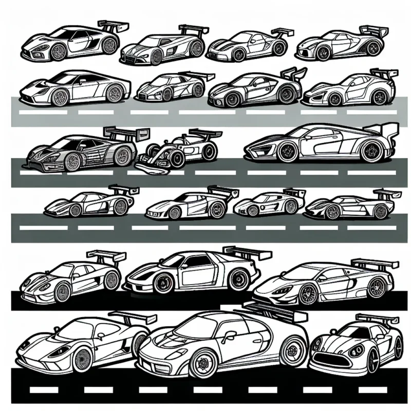 Des voitures de différentes marques sont alignées sur une piste de course, prêtes à démarrer. Il y a des voitures de BMW, Ferrari, Mercedes, Audi et Bugatti, chacune avec sa propre forme et style uniques.